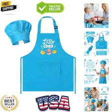 2Pcs Kid Apron And Chef Hat Set, Small Size Adjustable Children Blue Kitchen ...