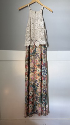 Jodi Kristopher Cream Lace Floor length gown with Multi-color Designs SzL T6