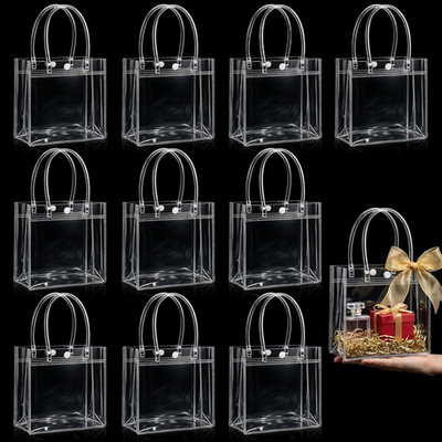 MAQIHAN Clear Gift Bags with Handles - 10 Party Favor Candy Bags, Plastic Goodie