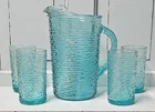 Anchor Hocking Sereno Aquamarine 60 Oz Pitcher Vintage Texture W/4 Glasses  MCM