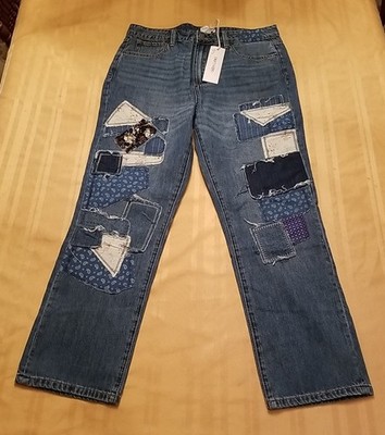 NWT Driftwood Womens 29x27 Blue Abbey Boyfriend Jeans Mid Rise Patchwork Denim