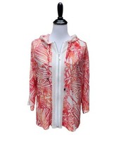 Weekends by Chico's Abstract Lightweight Jacket 2 LARGE Sheer Mesh Trim Hooded
