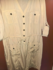 Beige by eci Women’s 12 Beige Shirt Dress Knee V-Neck 3/4 Roll Tab Pockets