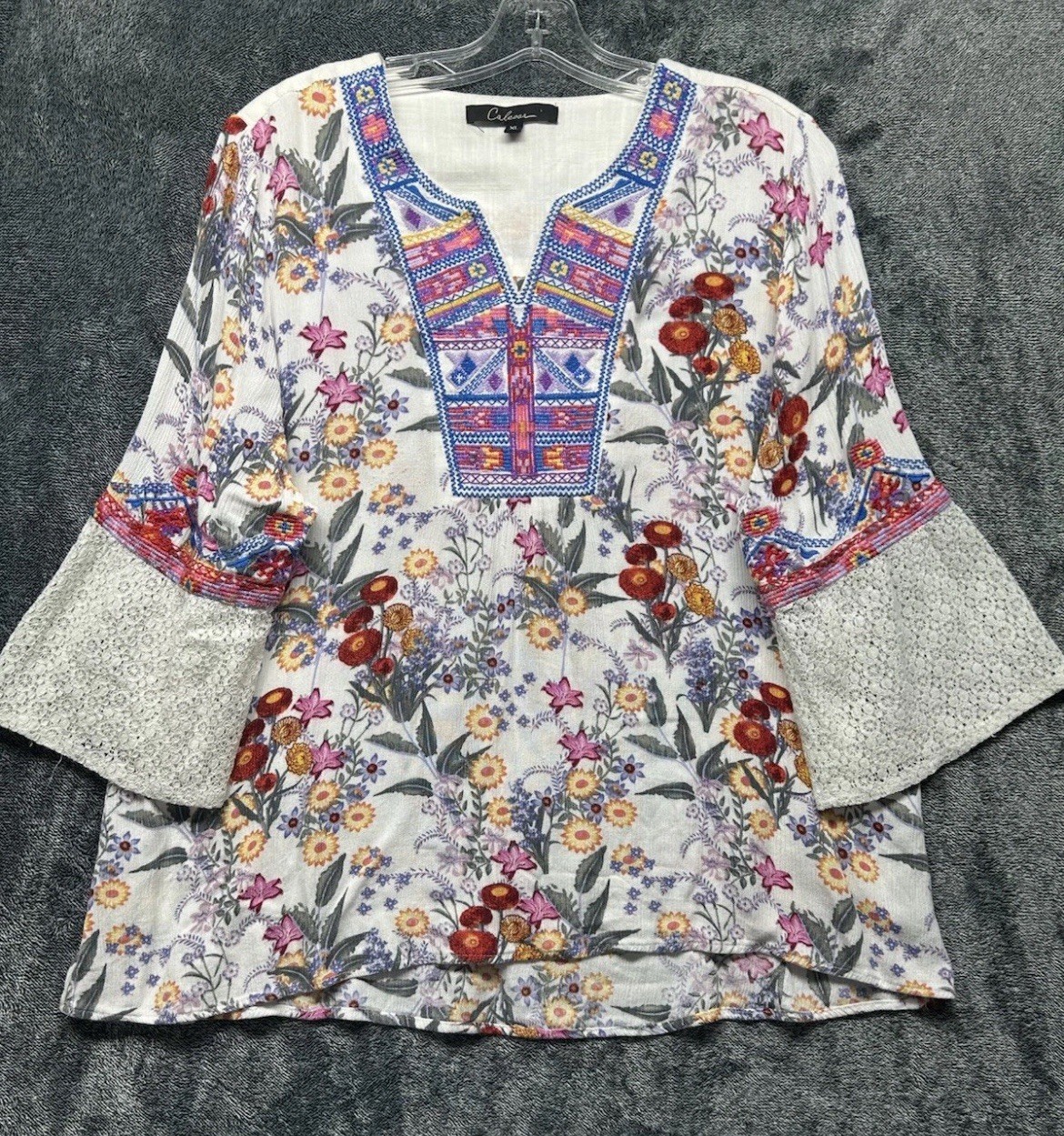 Calessa Size XL layered Multi Fabric Tunic With Bell Sleeves