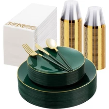 175 Piece Green and Gold Plastic Party Dinnerware Set, Disposable Plates, Forks,
