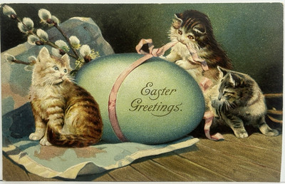 Easter Cat Postcard Three Kittens Big Blue Egg Untie Pink Ribbon udb