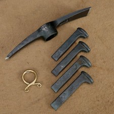 Industrial Collector Set: Steel Pickaxe Head, 4pc Railroad Spikes & Brass Brooch