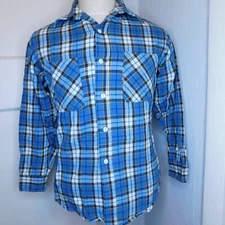 Vtg 70s Big Mac JC Penney Mens Sz S Plaid Flannel Button Up Shirt Blue