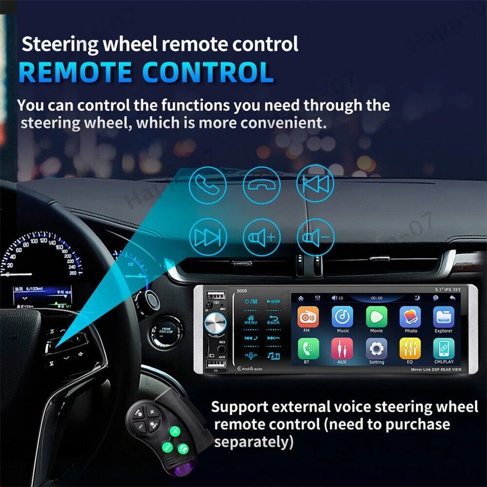 Radio estéreo para automóvil de 5,1 pulgadas 1 din pantalla táctil Bluetooth AM/FM reproductor de MP5 Android IOS Foto 4 de 4