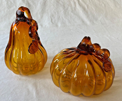 Hand Blown Pumpkin & Squash Amber Art Glass  w/ Brown Curley Stems, set of 2