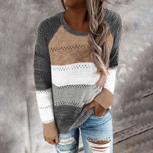 Winter Womens Long Sleeve Jumper Blouse Tops Striped Sweater Pullover plus - Bild 13 von 17