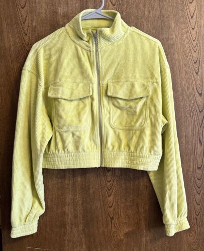 Aerie Jacket Womens Small Cropped Ribbed Corduroy Zip Up Jacket Pockets Yellow