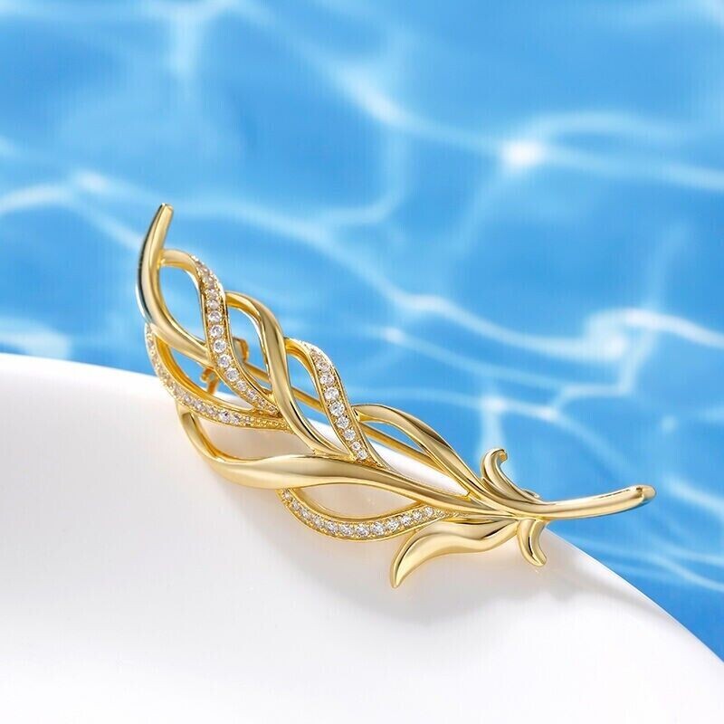 0.20Ct Round Cut Diamond Women's Leaf Brooch Pin 14K Yellow Gold Plated