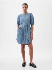Gap WomenCotton Mini Shirt Dress S Linen Denim Blue Belted Puff Sleeve