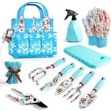Women Gardening Gift Set Blue Floral Tools with Tote Bag Birthday Christmas
