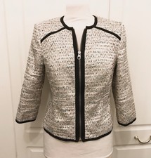 Ted Baker Black/beige/gold Full Zip 3/4 Sleeves Tweed Jacket Size 2 Chest 34”