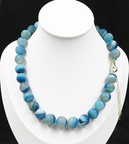 12 mm Blue Agate Round Beads Gemstones Necklace 17'' - Picture 3 of 3