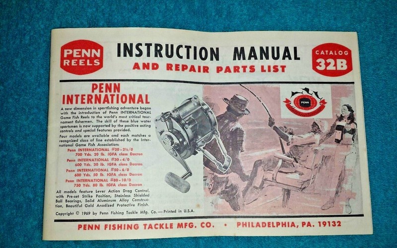 VINTAGE PENN REELS 32B INSTRUCTION MANUAL & PARTS LIST