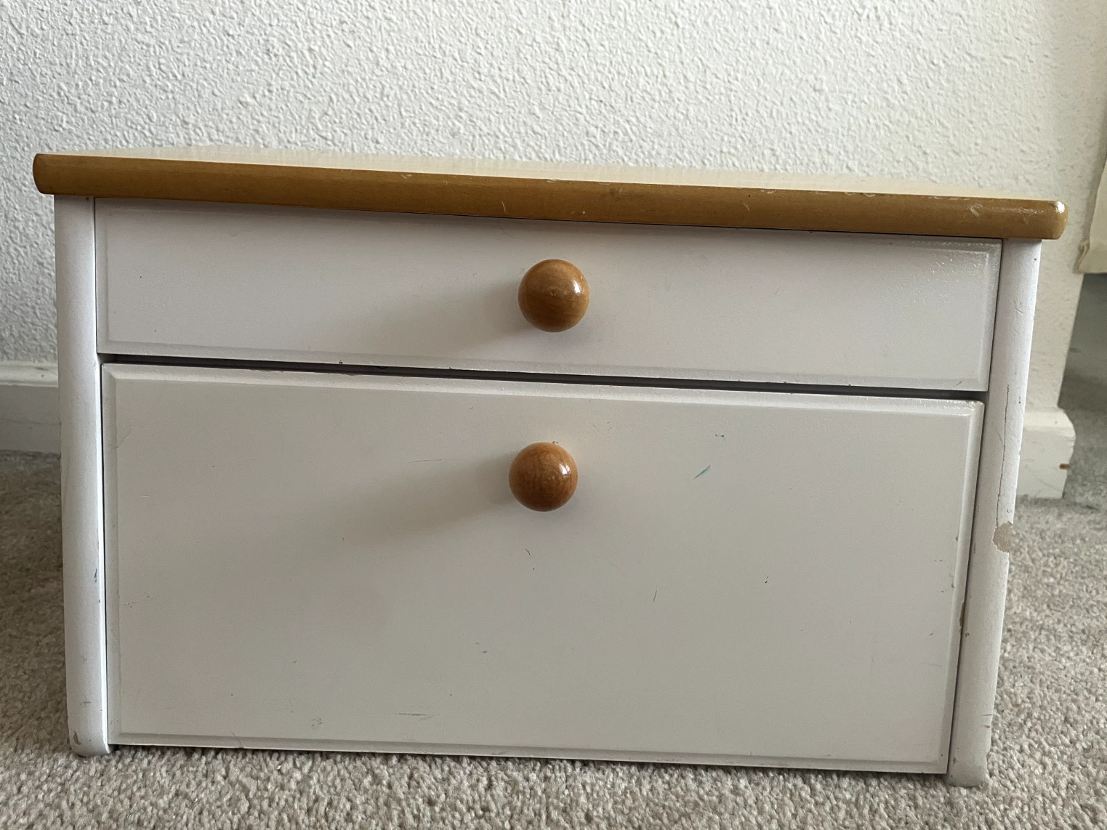 Wooden 2 tone White Bread Box Drop Down Door With Handle + Top Box