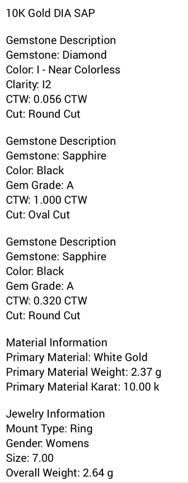 Women 10K Solid White Gold Diamonds & Black Sapphire Size 7  Designer Ring - Image 3 of 4