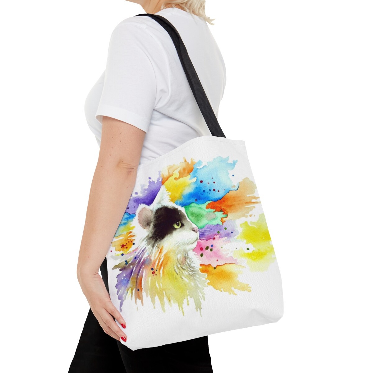 Colorful Watercolor Splash Tote Bag with Tuxedo Cat Print by Lucie Dumas-image
