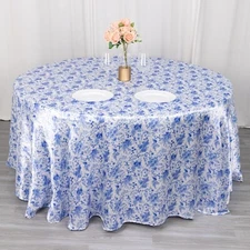 120" WHITE BLUE Floral Satin Round TABLECLOTH Wedding Party Table Linens Events