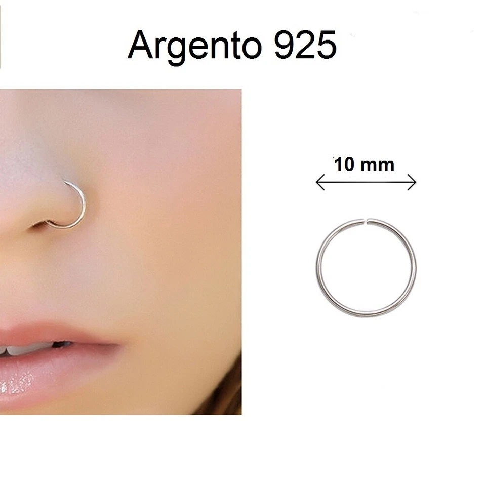 Orecchino Piercing Naso Argento 925 Anello Aperto Cerchietto 6/8/10/12 mm - Immagine 3 di 4