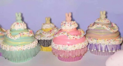 Handmade Shabby Cottage Easter Bunny Pastel Fake Cupcake Tierd Tray Decor CHOOSE