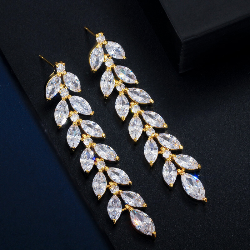 Sparkling Yellow Gold Plated Zircon Crystal Leaf Long Dangling Wedding Earrings