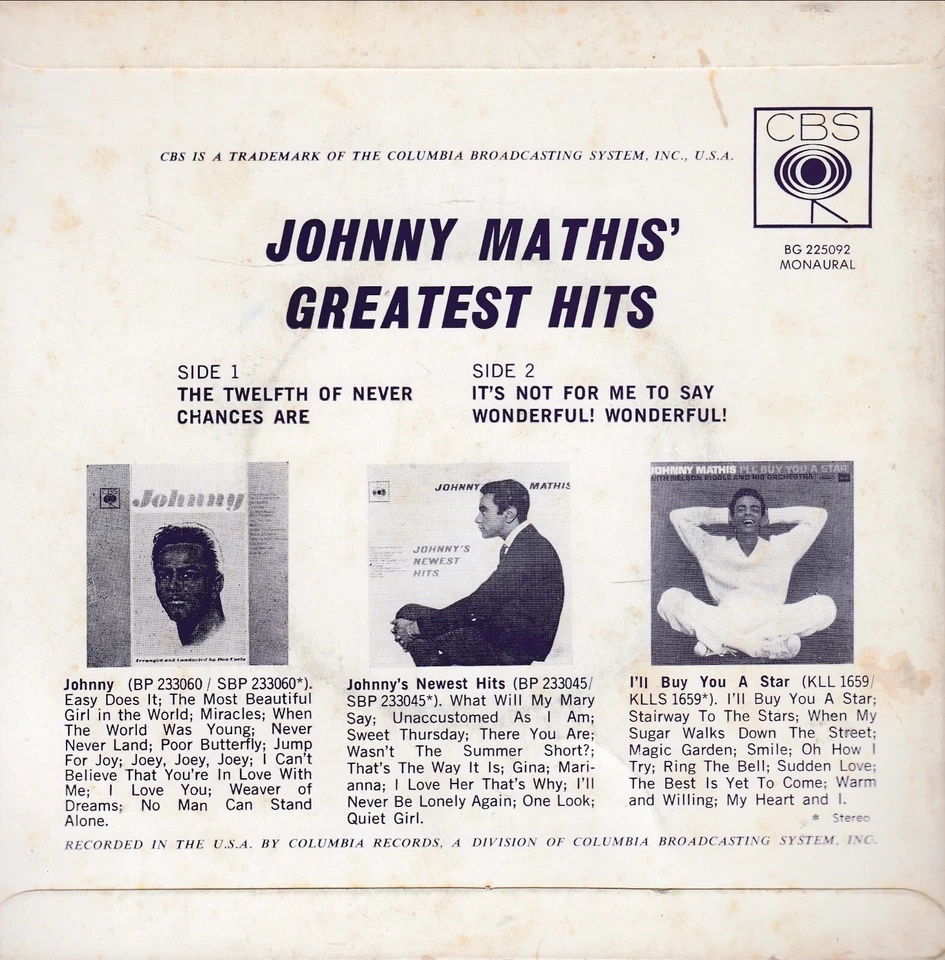 JOHNNY MATHIS' GREATEST HITS 7" Vinyl EP Pop - Image 2 of 2