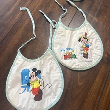 Vintage Disney Bibs Baby Kids Feeding Mickey Mouse Pinocchio Tie Blue Trim