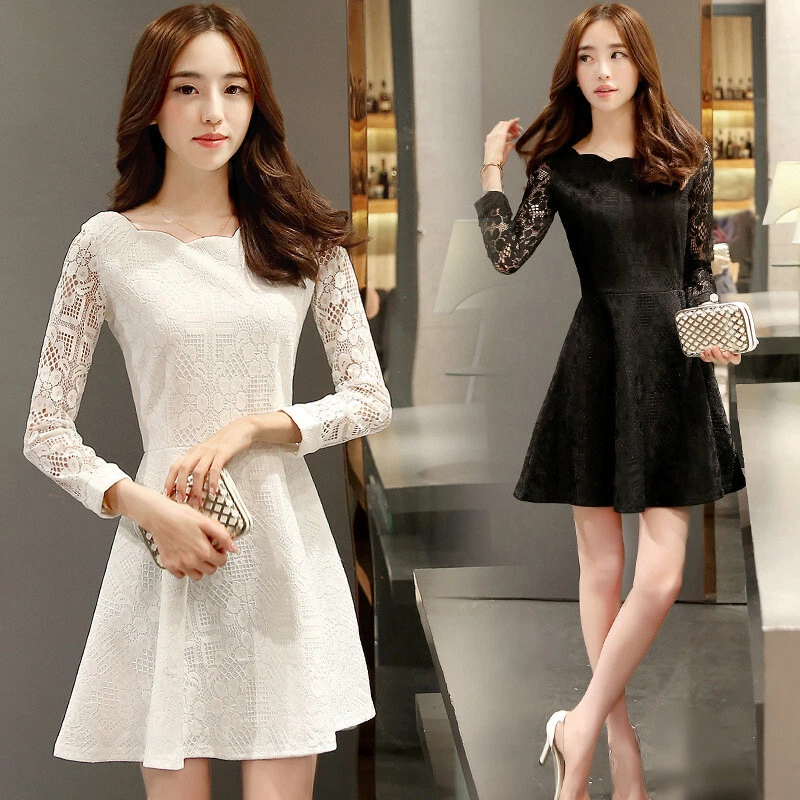 Girls Summer High Waist Hollow Floral Lace Long Sleeves Slim A Line Mini Dress