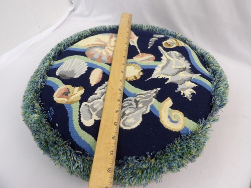 Vtg NEEDLEPOINT 17" Round PILLOW Blue Velvet CUSHION Seashell Sighned - Picture 7 of 7
