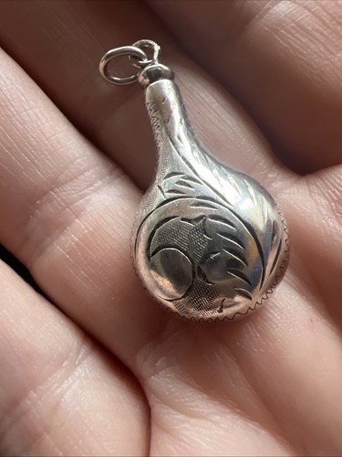 Sterling Silver Perfume Bottle Flask .925 Silver Etched Pendant Poison Bottle - Picture 3 of 21