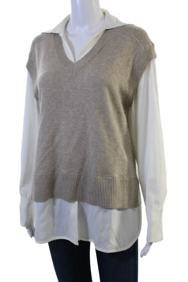 Elan Women Pullover V-Neck Long Sleeve Beige Sweater Size S - Image 2 of 4