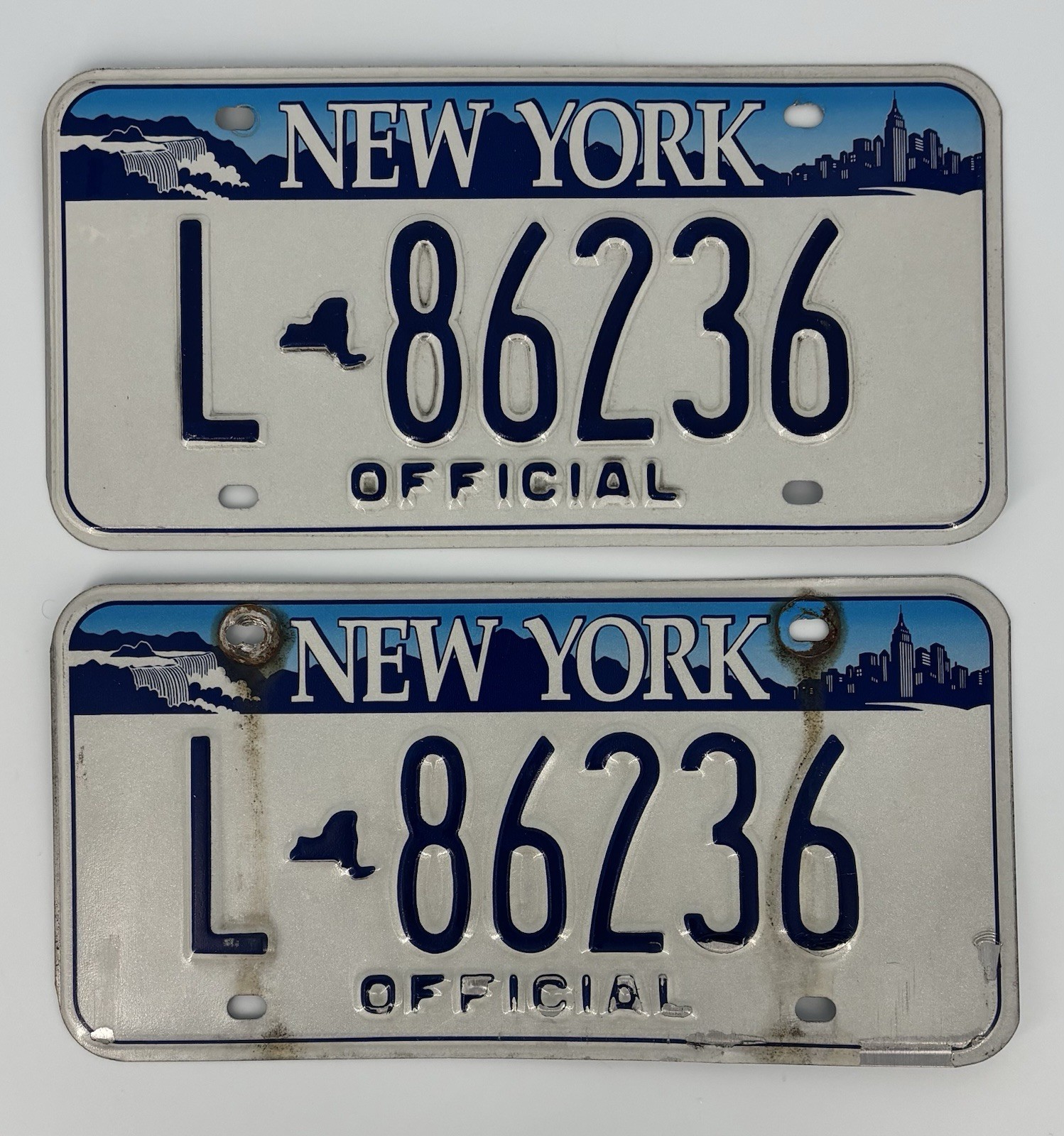 New York Official License Plate Set/Pair Matching Pair L-86236 White Blue