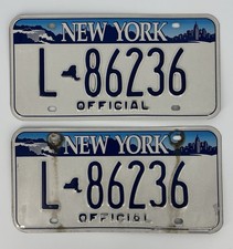 New York Official License Plate Set/Pair Matching Pair L-86236 White Blue