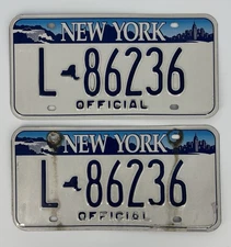 New York Official License Plate Set/Pair Matching Pair L-86236 White Blue