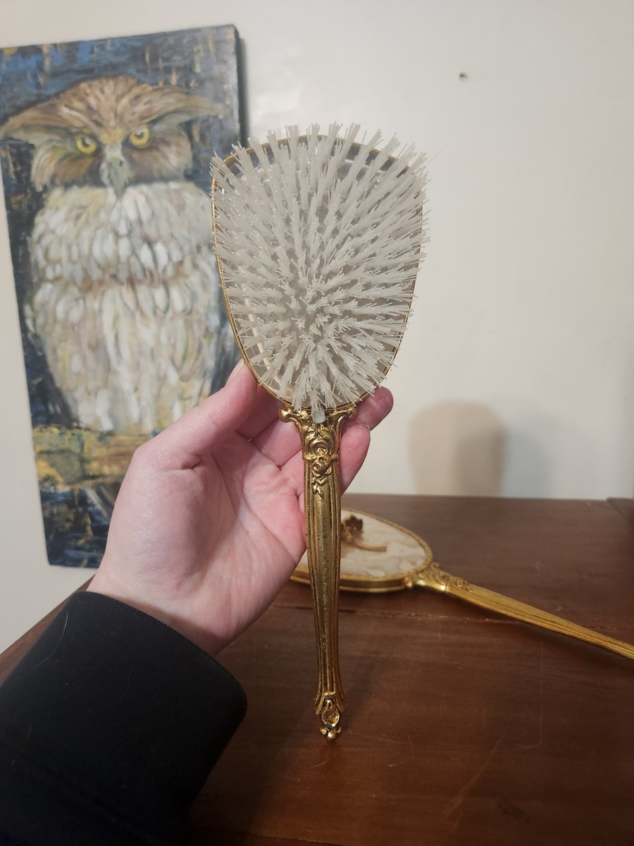 Vintage Gold Tone Mirror & Nylon Hair Brush Victorian Floral Marked Nylon USA Vintage Gold Tone Floral Brush and Mirror Vanity USA Nylon  main image 3