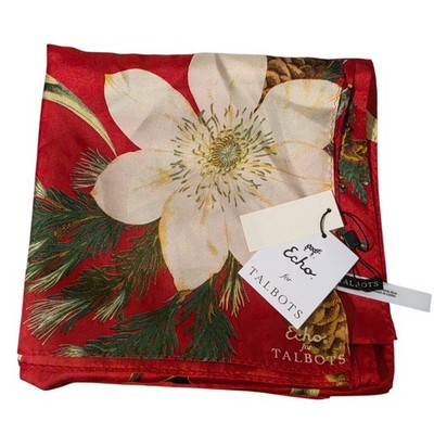 Talbots Echo 100% Silk Christmas Scarf Red Floral Holly Pinecone NWT