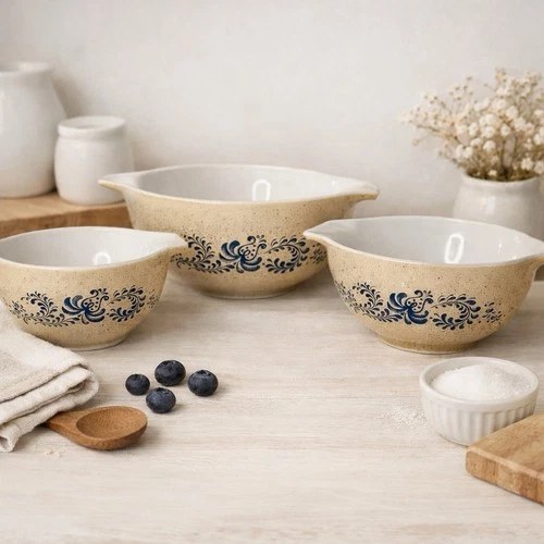 Vintage Pyrex Homestead Cinderella Mixing Bowls Set 441 442 443 Tan Speckled