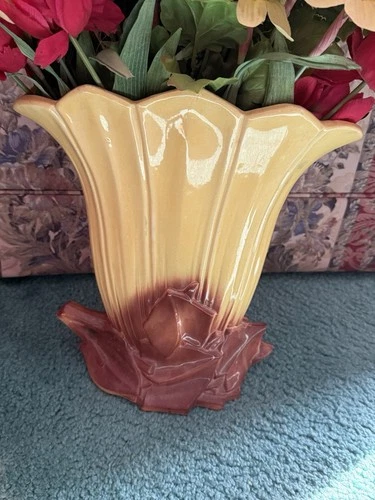 McCoy Yellow Brown Ceramic Vase Art Pottery USA 5 Glossy Floral Theme