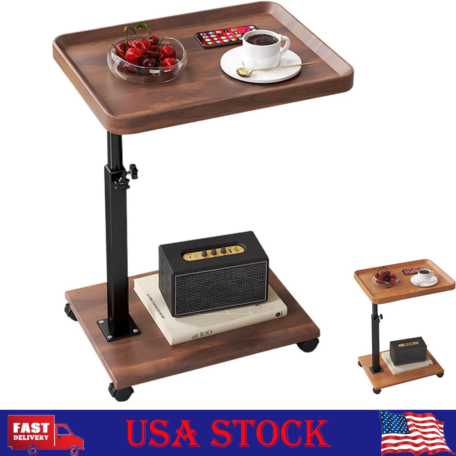 C-Shape End Table Adjustable Height Swivel TV Tray Tables, Sofa Table w/ Wheels