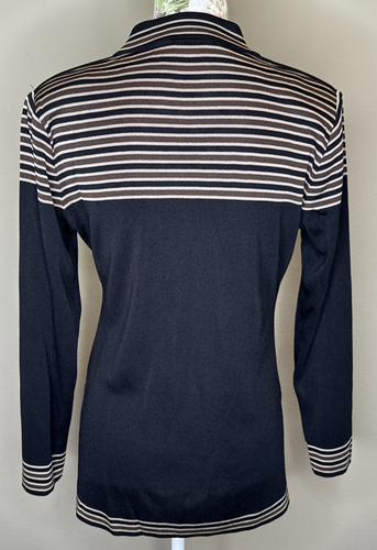 Exclusively Misook Top Womens Sz S Black Tan Striped Collared V Neck Sweater - Picture 3 of 5