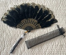Vintage Style Black Folding Feather Hand Fan Gold Lace Halloween NEW in case