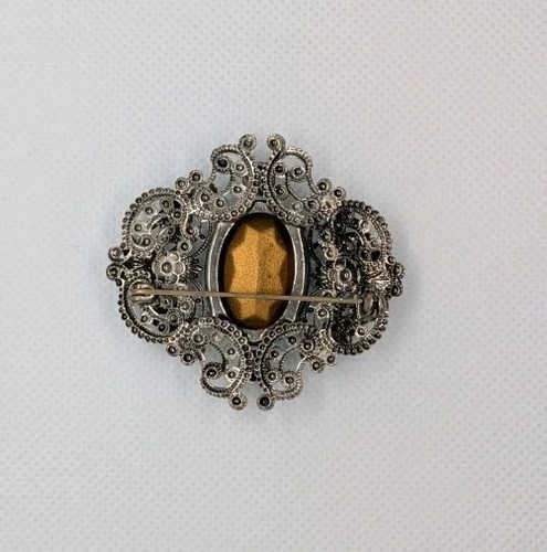 Vintage Tschechische Filigrane Brosche Grün Kunstglas Silberfarben - Bild 12 von 12