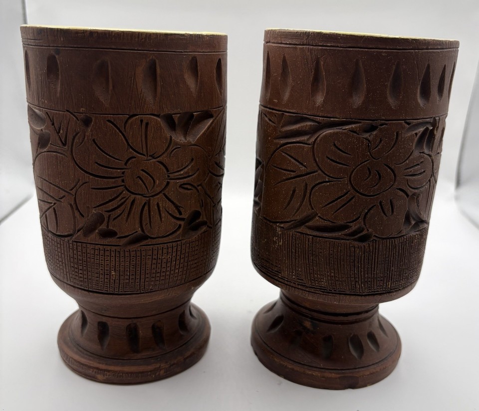 2 Vintage Italian Pottery Cups Mid Century Faux Wood Carved Mug Set Bitossi?
