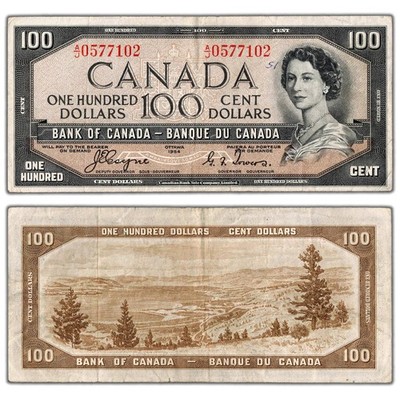 $100 1954 Bank of Canada Note Devil Face A/J Prefix BC-35a - VF
