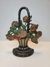 Antuque Hubley Cast Iron Flower Basket Doorstop #182 Black & White Pot 8.75"