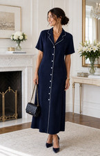 Evan Picone Dress Sz 8 Navy Blue White Trim Button Front Short Sleeve Tea Length